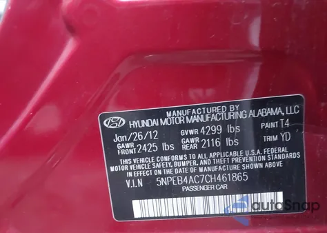 2012 Hyundai Sonata Gls z USA, uszkodzony, nr VIN 5NPEB4AC7CH461865